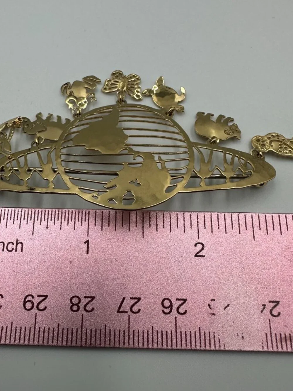 Vintage Wild Bryde Earth Brooch Gold Tone Animal Dangle Elephant Owl Turtle